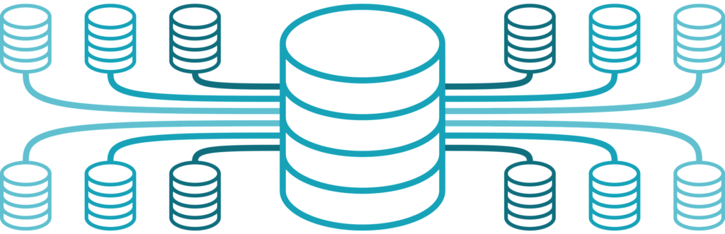 Illustration of data model with multiple data sets converging to a central data repository.