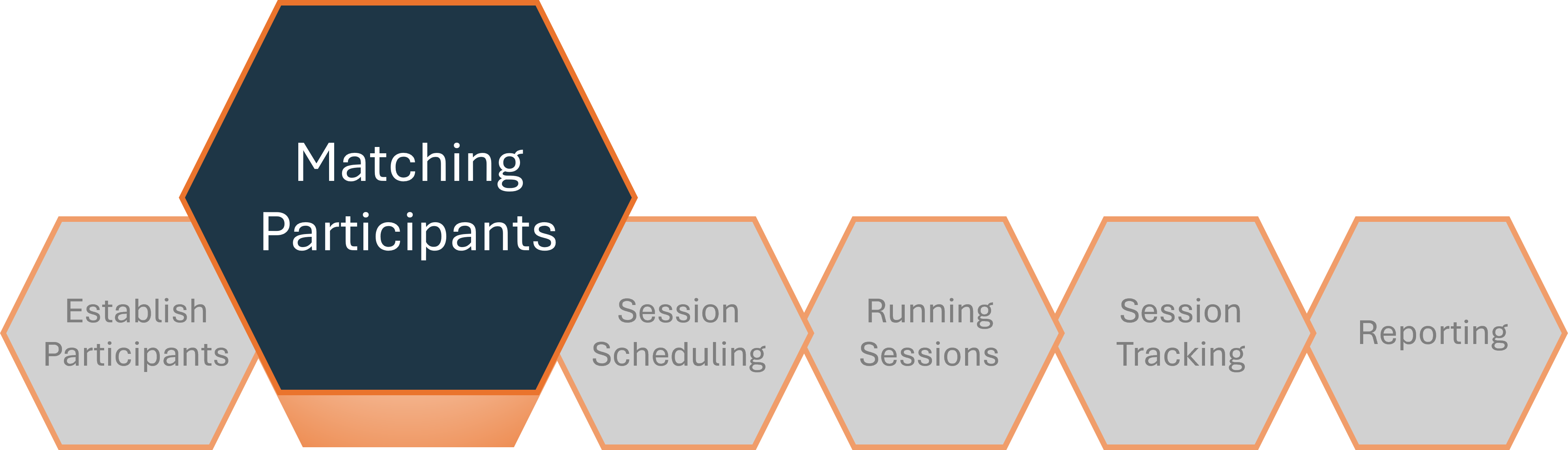 The 6-stage mentoring/coaching program lifecycle with "Matching Participants" highlighted.