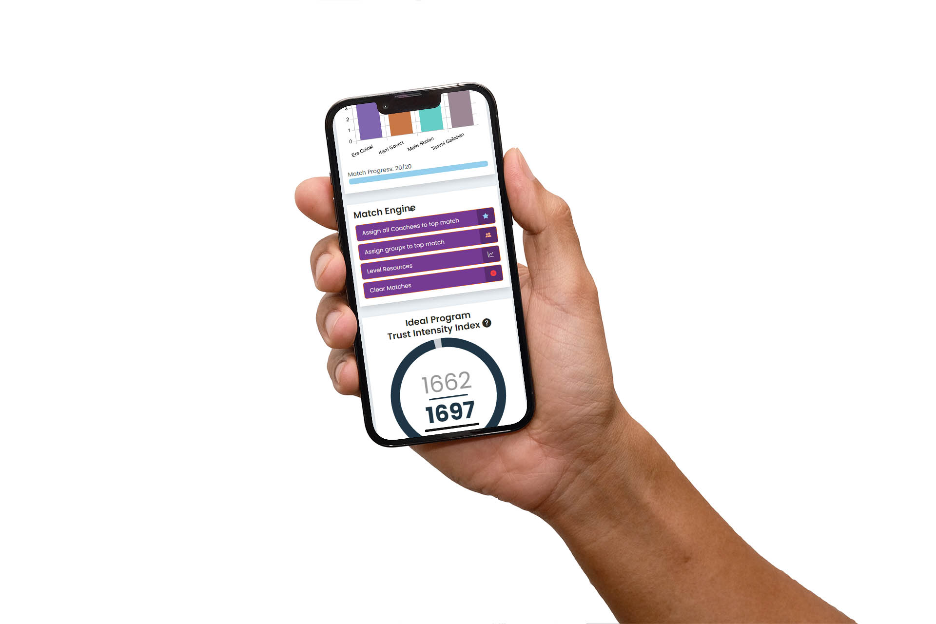 Hand holding a black smartphone with the TrustEngine Match Engine on screen.